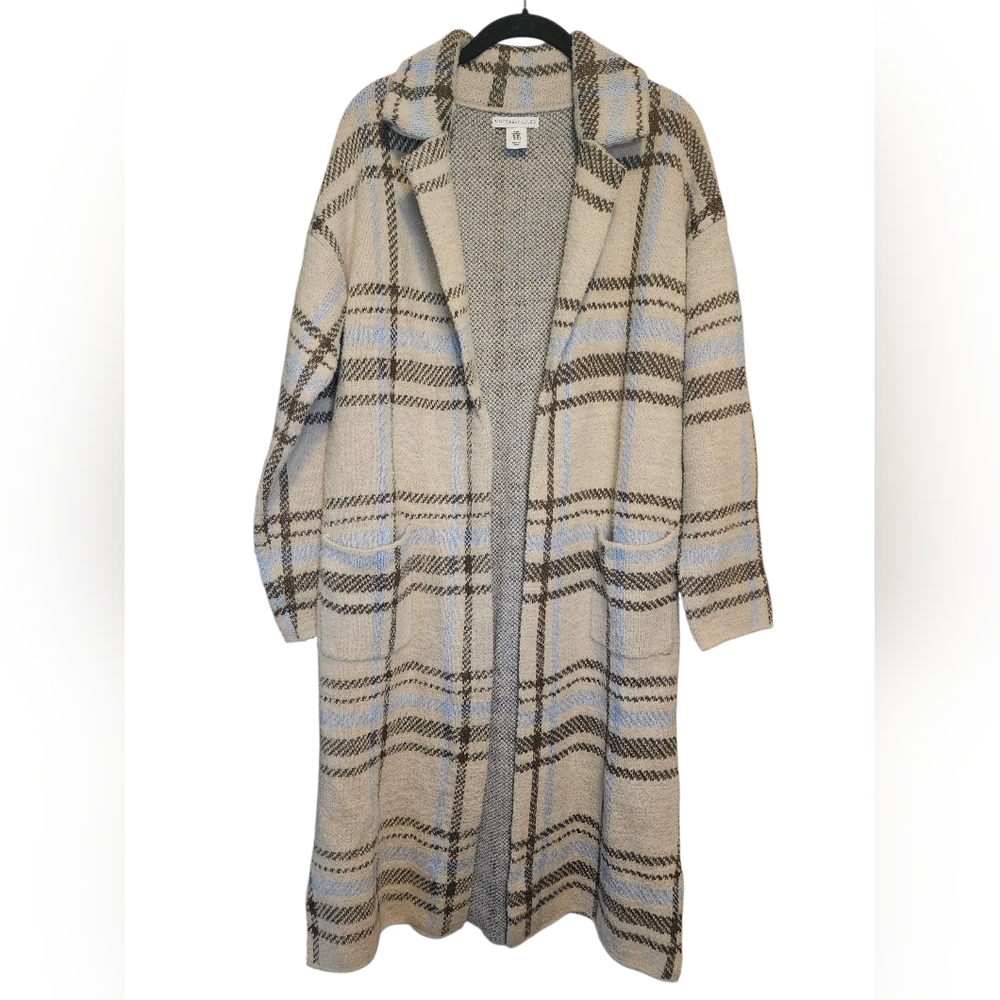 SINCERELY JULES Oversized Plaid Duster Sweater Jacket Coatigan Tan Blue M